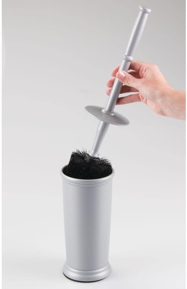 mDesign Toilet Bowl Brush and Holder - Covered Bathroom Brush - Standing Scrubber in Modern Holder - Space Saving, Deep Cleaning for Toilet - 2 Pack, Silver