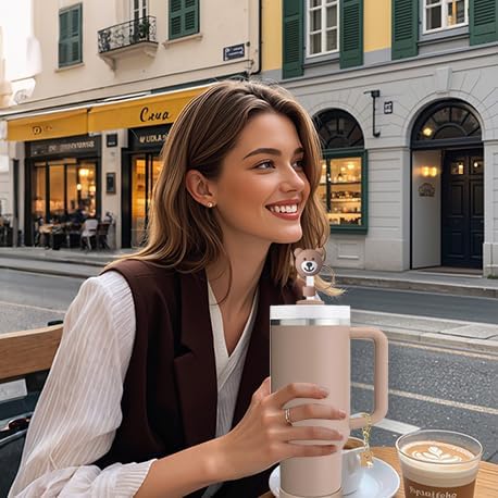 Stanley Cup Accessories Set,Including 2 Pcs 0.4in Straw Cover, 1 Silicone Spill-Proof Stopper Set of 3, 1 Cute Bear Handle Charm, 1 Silicone Boot Fits Stanley 40&30 Oz Tumbler (Almond Rose)