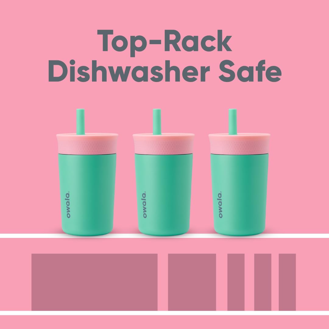 Owala Kids Insulation Stainless Steel Tumbler with Spill Resistant Flexible Straw, Easy to Clean, Kids Water Bottle, Great for Travel, Dishwasher Safe, 12 Oz, Pink and Teal (Real Cool Fish)