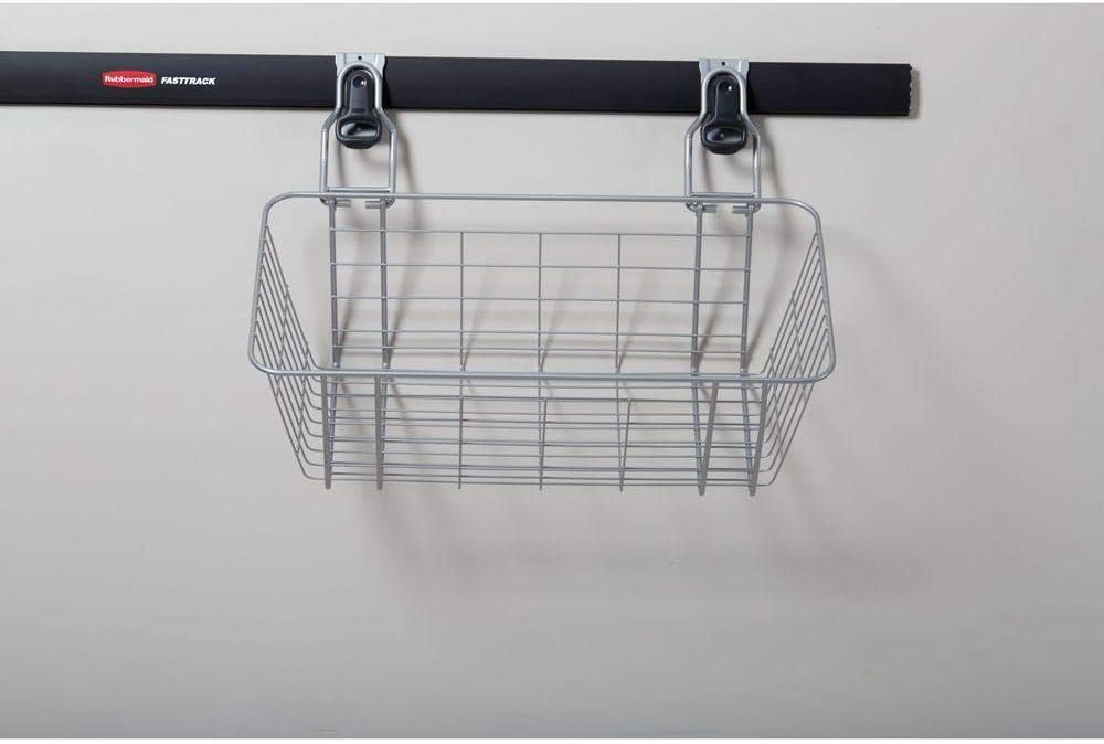 Rubbermaid Garage FastTrack Wire Mesh Basket Wall Mounted Storage System Holds up to 50 pounds Satin Nickel for Tool/Toy/Sports Equipment