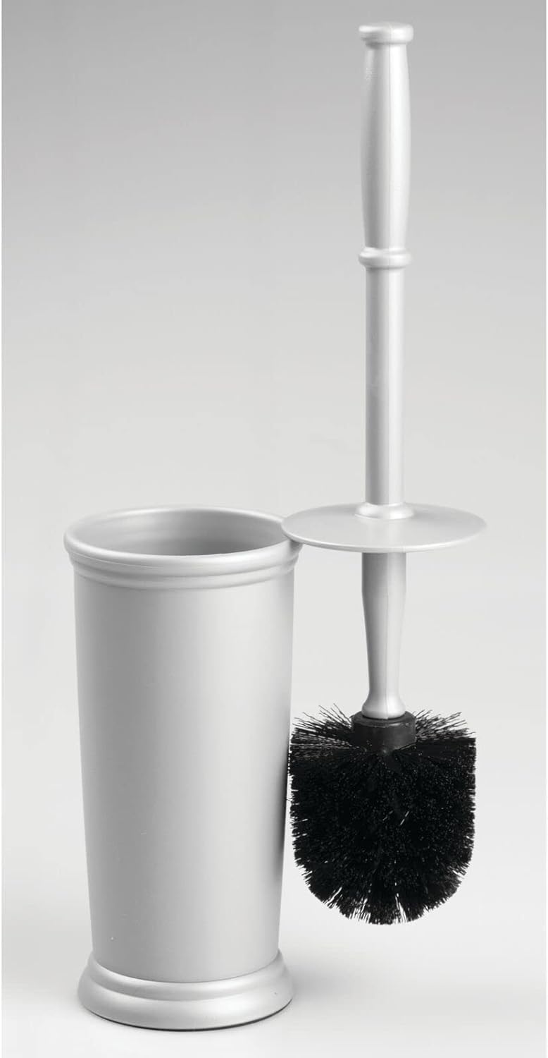 mDesign Compact Freestanding Plastic Toilet Bowl Brush and Holder for Bathroom Storage and Organization - Space Saving, Sturdy, Deep Cleaning, Covered Brush - Silver