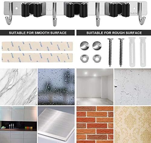 Broom Mop Holder Wall Mount,Favbal Garage Organization Tool Organizer Storage Broom Closet Kitchen Organization Heavy Duty Garage Tools Hanger with 3 Racks 4 Hooks for Home Kitchen Garden Laundry Room