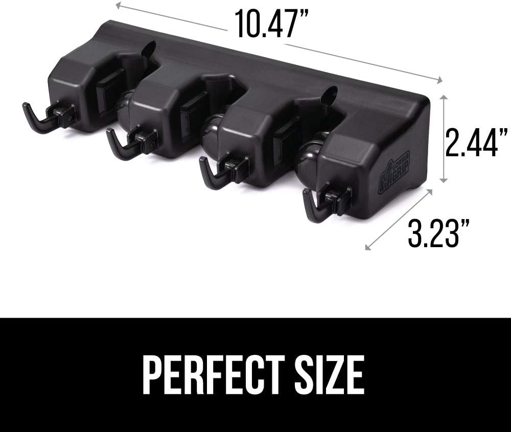 GORILLA GRIP Wall Mount Hook Fixture, Also Includes Slots to Hold Mop, Broom, Tools, Easy Install, Organize Cleaners, Tools, Home, Kitchen, Garage, 4 Hooks 3 Slots, Black