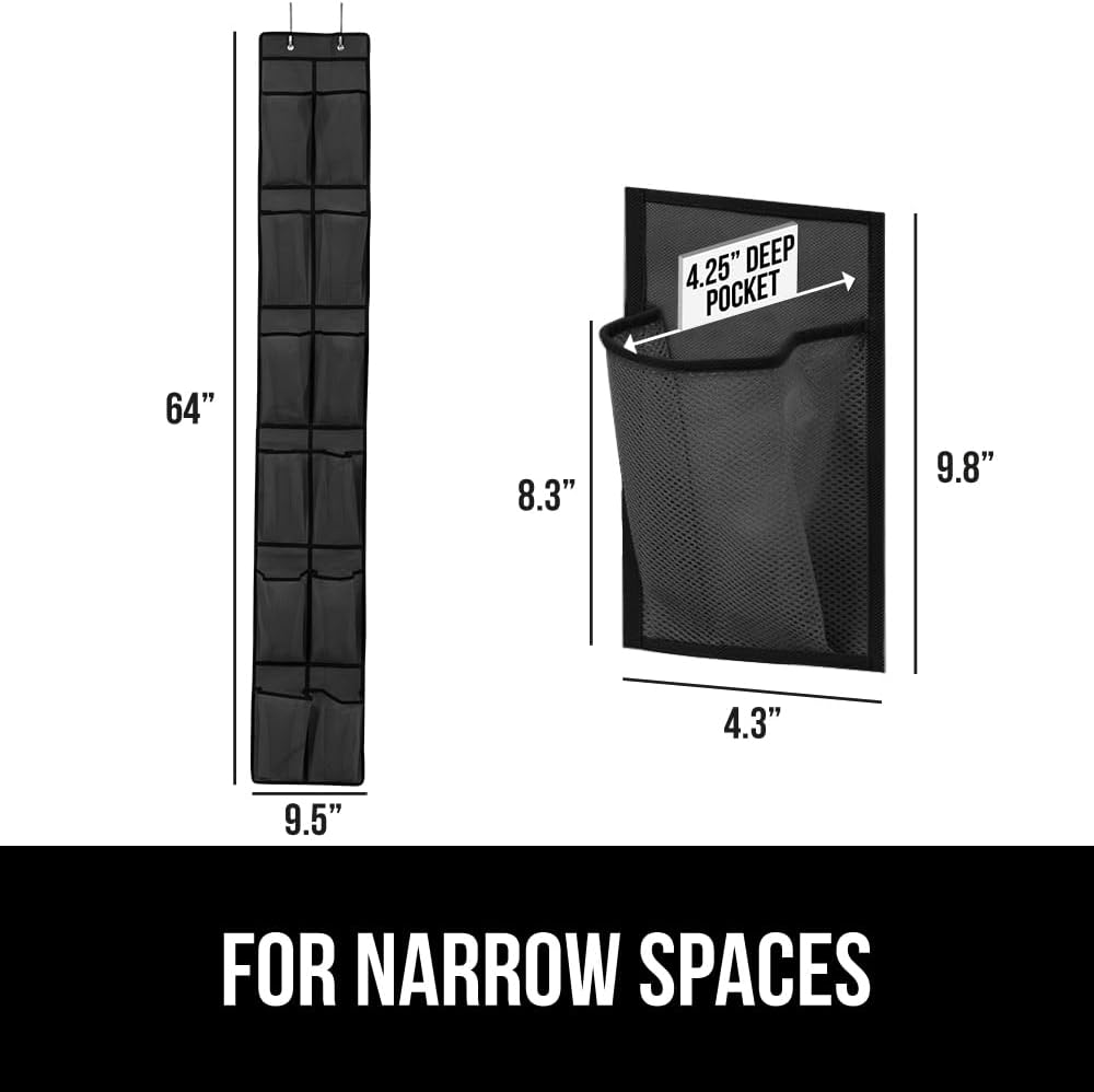 GORILLA GRIP Over the Door Shoe Organizer, 12 Large Breathable Mesh Pockets, Space Saving Hanging Storage Holder, 2 Hook Closet Rack Hanger, Hangs on Closets for Shoes, Accessories, 64H x 9.5W Black