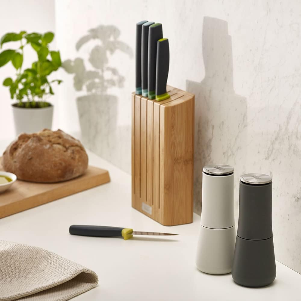Joseph Joseph Milltop Non-Spill Salt and Pepper Mill 2-piece Set, Refillable with Ceramic Grinder, Adjustable Grinding Size, White/Dark Grey
