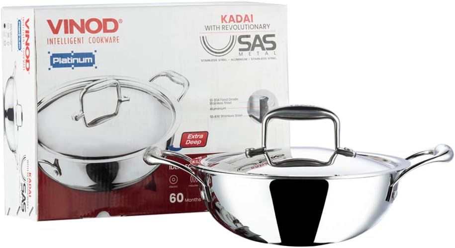 Vinod Platinum Triply Stainless Steel Kadai | Suitable For Indian Cooking, Sauces, Stews, Soups | Extra Deep Kadai With Lid | Induction, Electric Friendly (26cm)