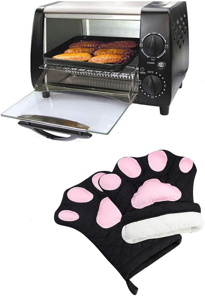 Oven Mitts,Cat Design Heat Resistant Cooking Glove Quilted Cotton Lining- Heat Resistant Pot Holder Gloves for Grilling & Baking Gloves BBQ Oven Gloves Kitchen Tools Gift Set BBQ,Microwave (Black)