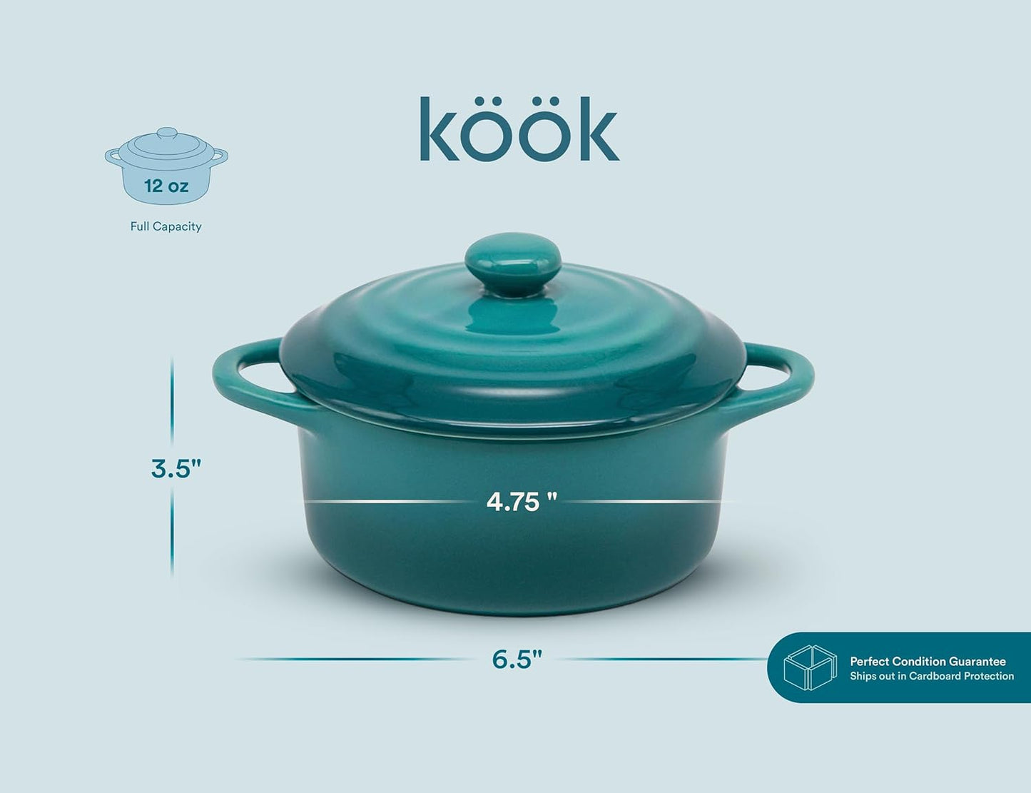 Kook Ceramic Mini Cocotte Set, Small Casserole Dishes with Lids and Handles, Individual Baking Ramekins, Oven, Microwave & Dishwasher Safe, Stoneware, 12 oz, Set of 4 (Aqua Ombre)
