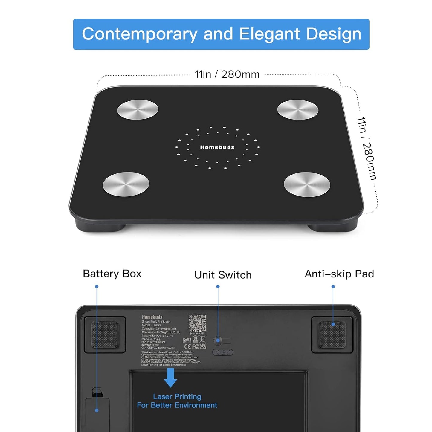 Homebuds Digital Bathroom Scale for Body Weight and Body Fat, Weighing Professional Since 2001, Body Composition Monitor Professional for BMI Fat Water Muscle with App, 400lb, Black