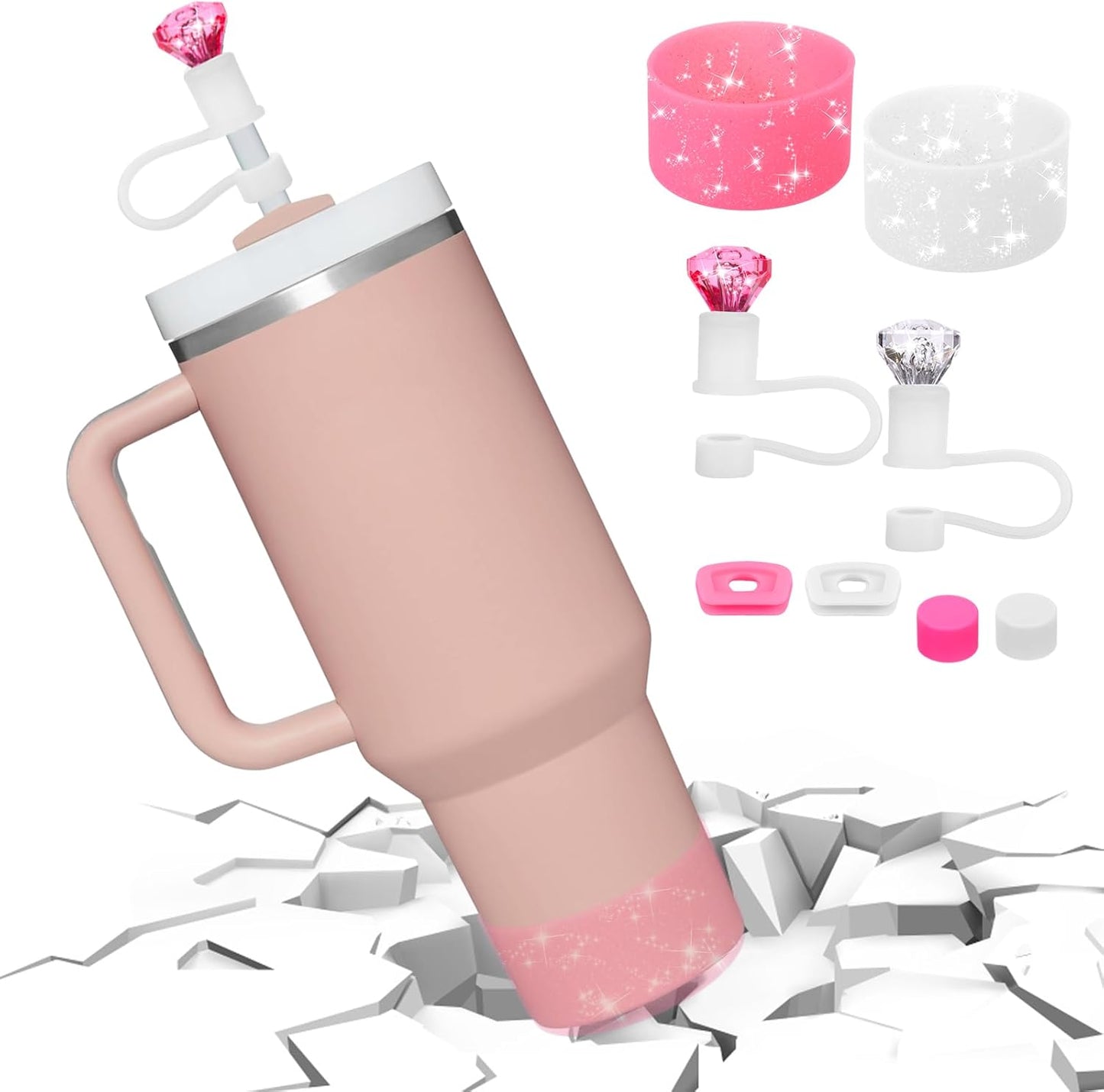 Mity rain Set for Stanley Cup Accessories, Including 2Pcs Diamond Straw Topper, 4 Pcs Silicone Spill Proof Stopper, 2Pcs Protective Glitter Silicone Boot, Pink and White Set for Stanley Cup 40/30 OZ