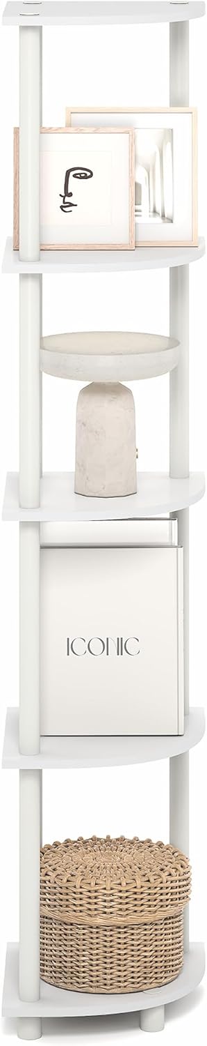 Furinno Turn-N-Tube Corner Shelf, 5-Tier Corner Bookshelf, Open Storage Shelves, for Organization and Storage, Living Room, Home Office, Garage, Bedroom, Plain White