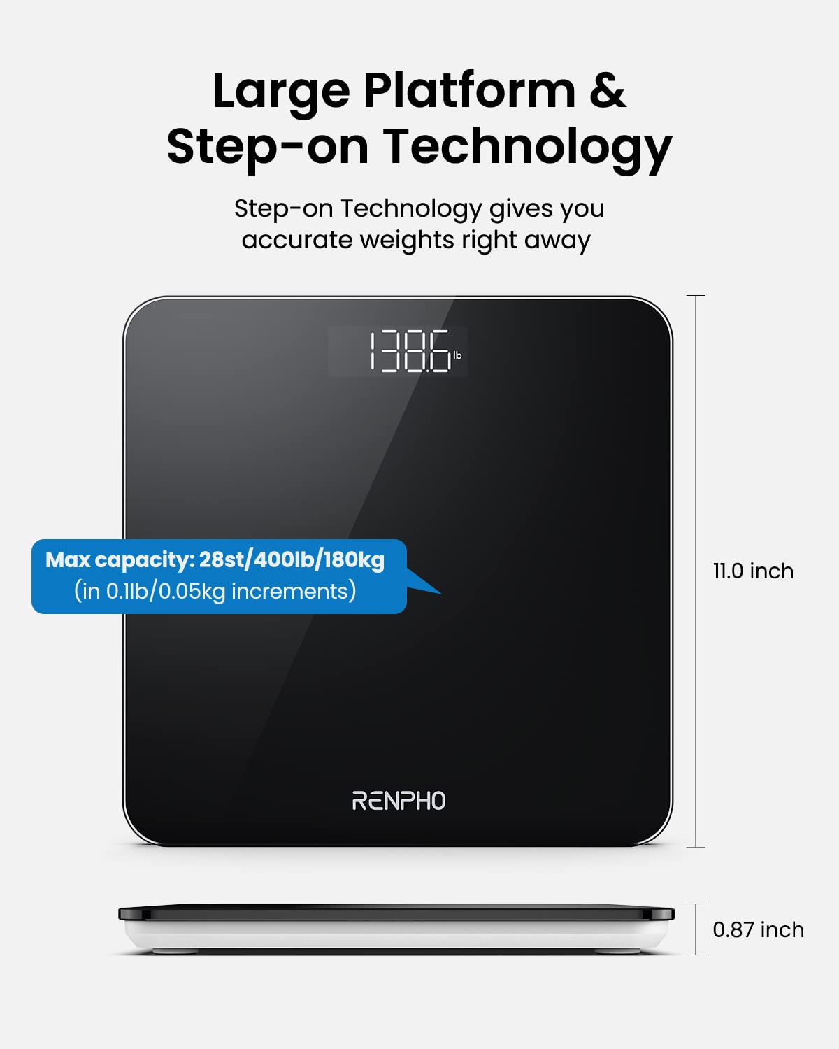 RENPHO Digital Bathroom Scale, Highly Accurate Core 1S Body Weight Scale with Lighted LED Display, Round Corner Design(11"/280mm, Black)