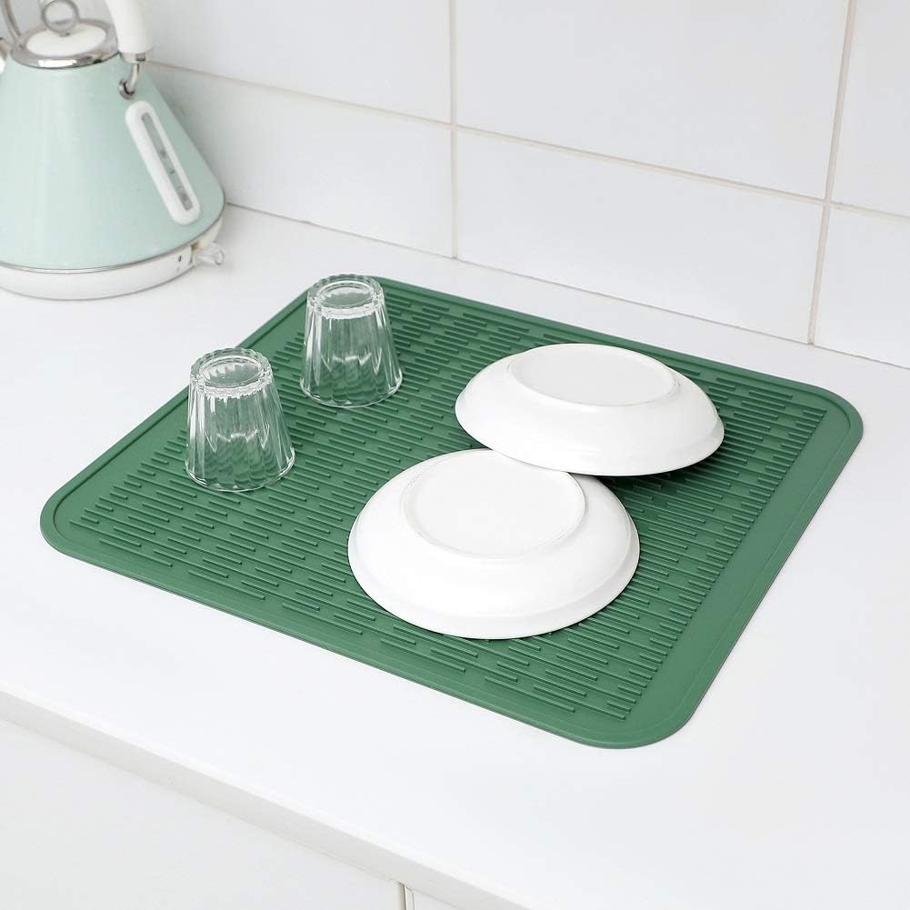 Silicone Dish Drying Mat for Multiple Usage,Easy clean,Eco-friendly,Heat-resistant Silicone Mat for Kitchen Counter or Sink,Refrigerator or Drawer Liner Green XL 18 inches x 16 inches