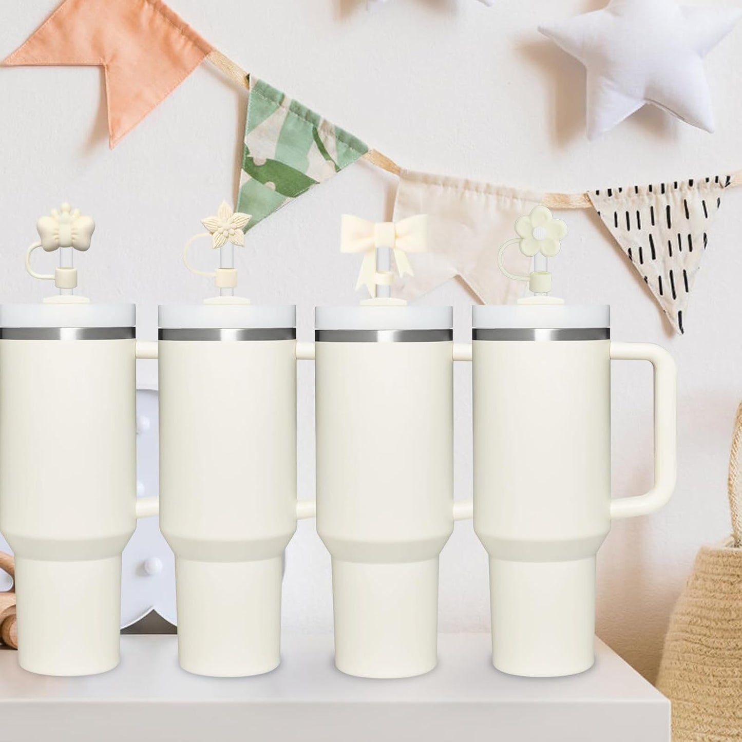 4 Pcs 0.4in Straw Cover for Stanley Cup, Silicone Straw Topper Set for 30&40oz Stanley Tumbler, Fit for 10mm/0.4in Straws (Cream)