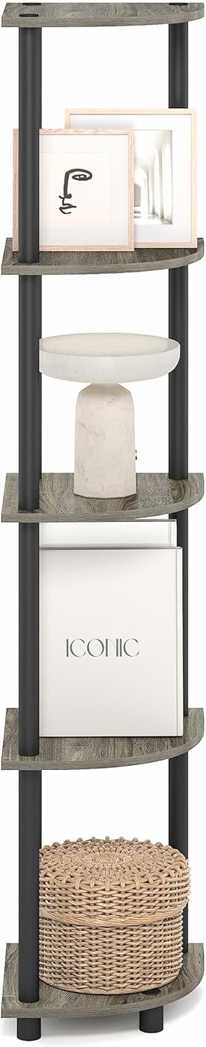 Furinno Turn-N-Tube Corner Shelf, 5-Tier Corner Bookshelf, Open Storage Shelves, for Organization and Storage, Living Room, Home Office, Garage, Bedroom, Grey Oak