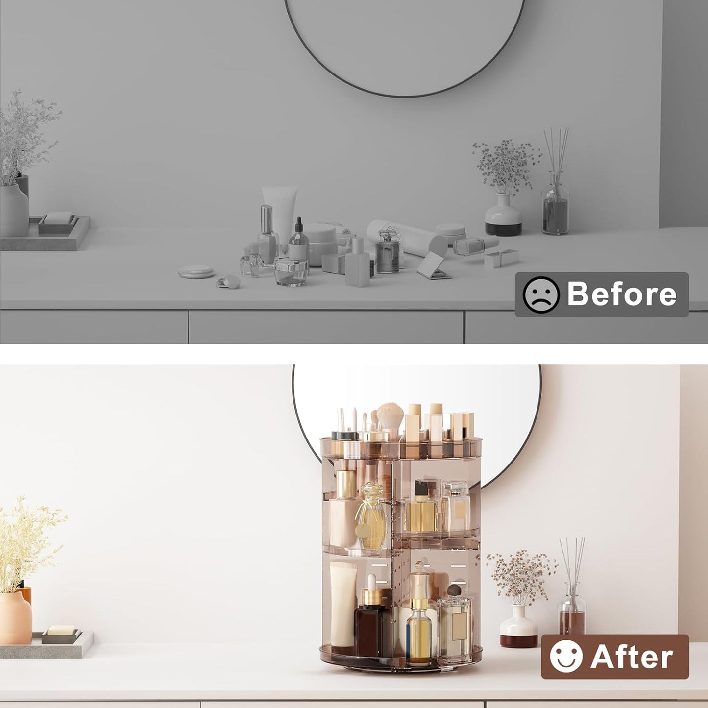 360 Rotating Makeup Organizer with Lipstick Slots, DIY 8 Adjustable Height Spinning Skincare Organizers, Brush and Perfume Storage Carousel, Cosmetic Display Case for Vanity Bathroom Countertop