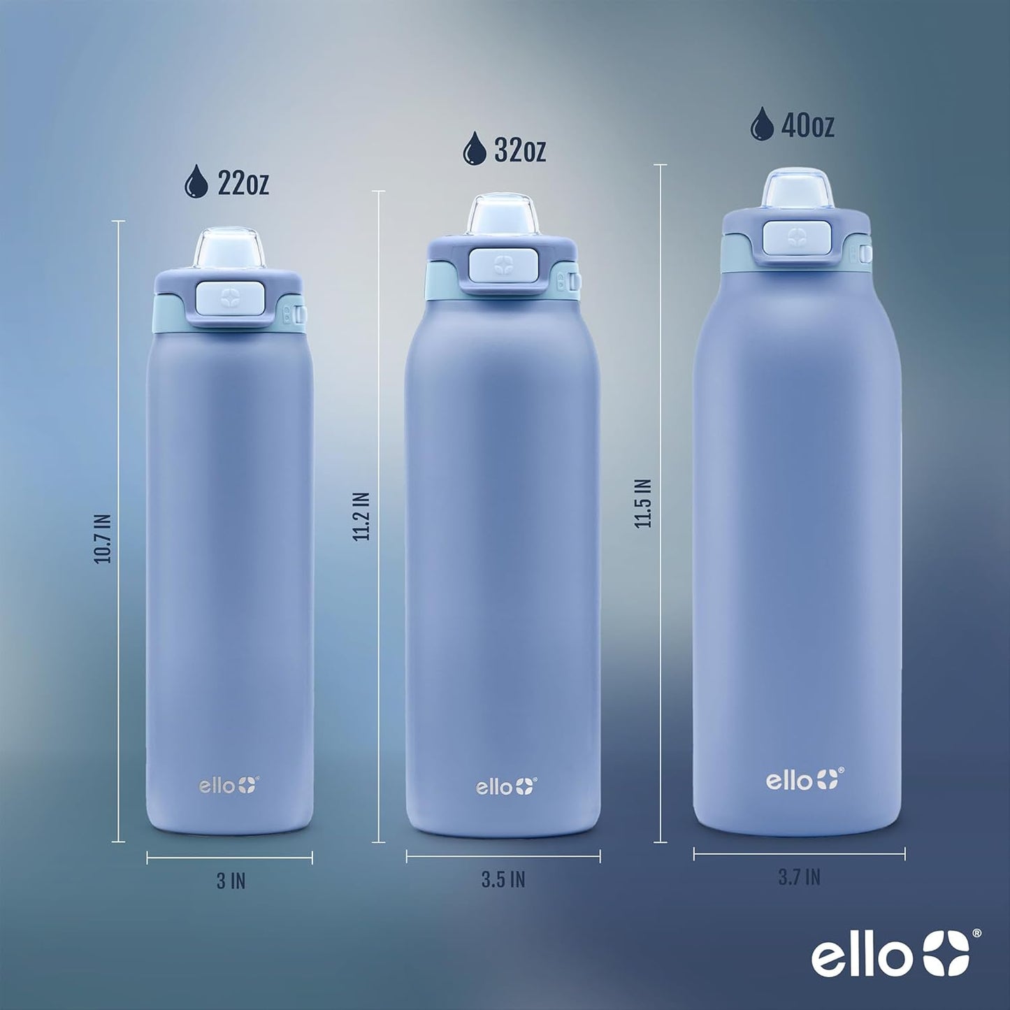 Ello Pop & Fill Stainless Steel Water Bottle with Quick Fill Technology, Double Walled Vacuum Insulated Metal, Leak Proof Locking Lid, Sip & Chug, BPA Free, Holiday Gift for Him Her, 22oz, 32oz, 40oz