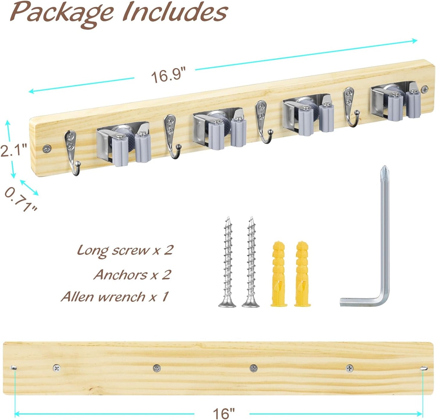 Mop and Broom Holder Wall Mount - Light Wood Broom Mop Hanger - Wall Mounted Garden Tool Rack Organizer for Closet Garage Laundry Room Kitchen With 4 Slots & 4 Hooks