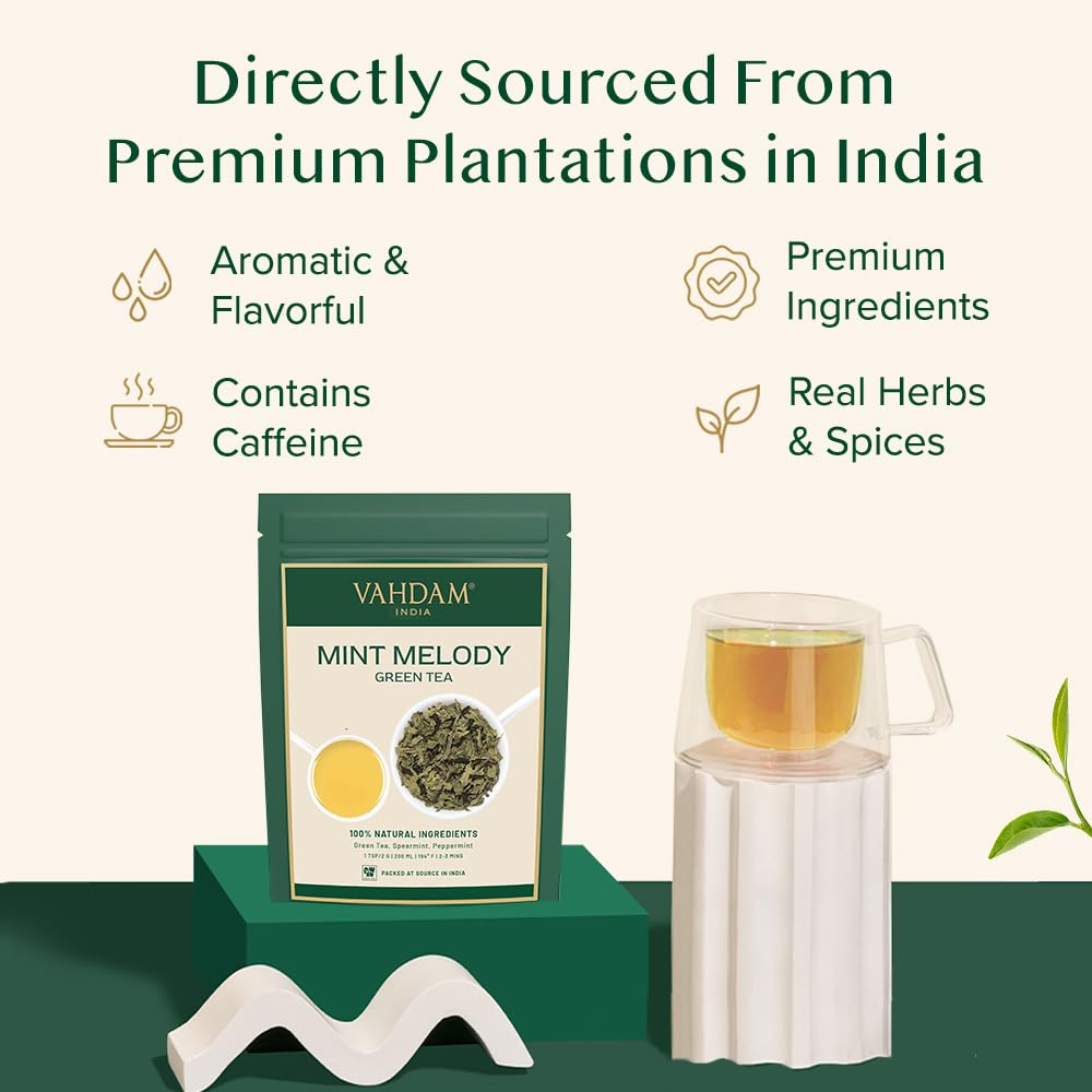 VAHDAM, Mint Green Tea Loose Leaf (50+ Cups, 3.5 oz) Cool Peppermint Tea With Himalayan Green Tea Leaves | Low Caffeine | High Elevation Grown | Vacuum Sealed for Freshness