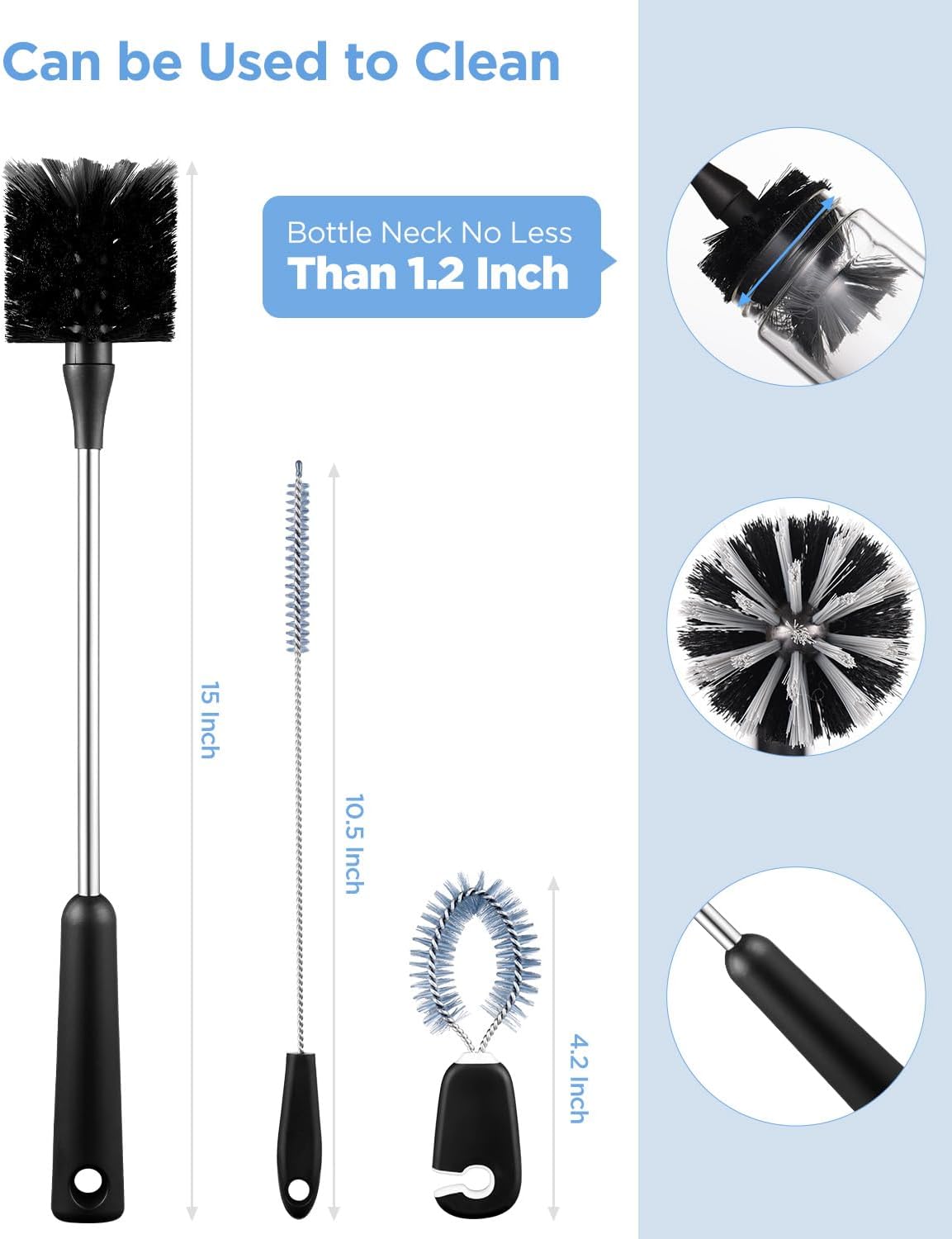 EasyAcc Water Bottle Cleaner Brush, 3 Pack 15 Inches Straw Brush Cleaner for Owala Stanley Hydroflask, Long Handle, with Straw Cleaner & Nipple Brush, for Coffee Mugs, Ice Tea Jars