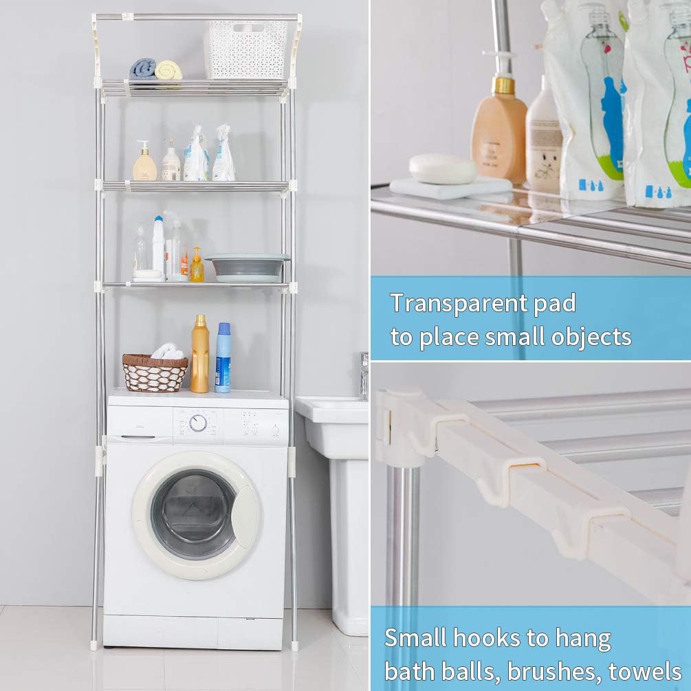 BAOYOUNI Adjustable Laundry Shelf Over Toilet Washing Machine Storage Rack Above Washer Dryer Standing Bathroom Organizer 3-Tier Space Saving Shelving Units, Ivory