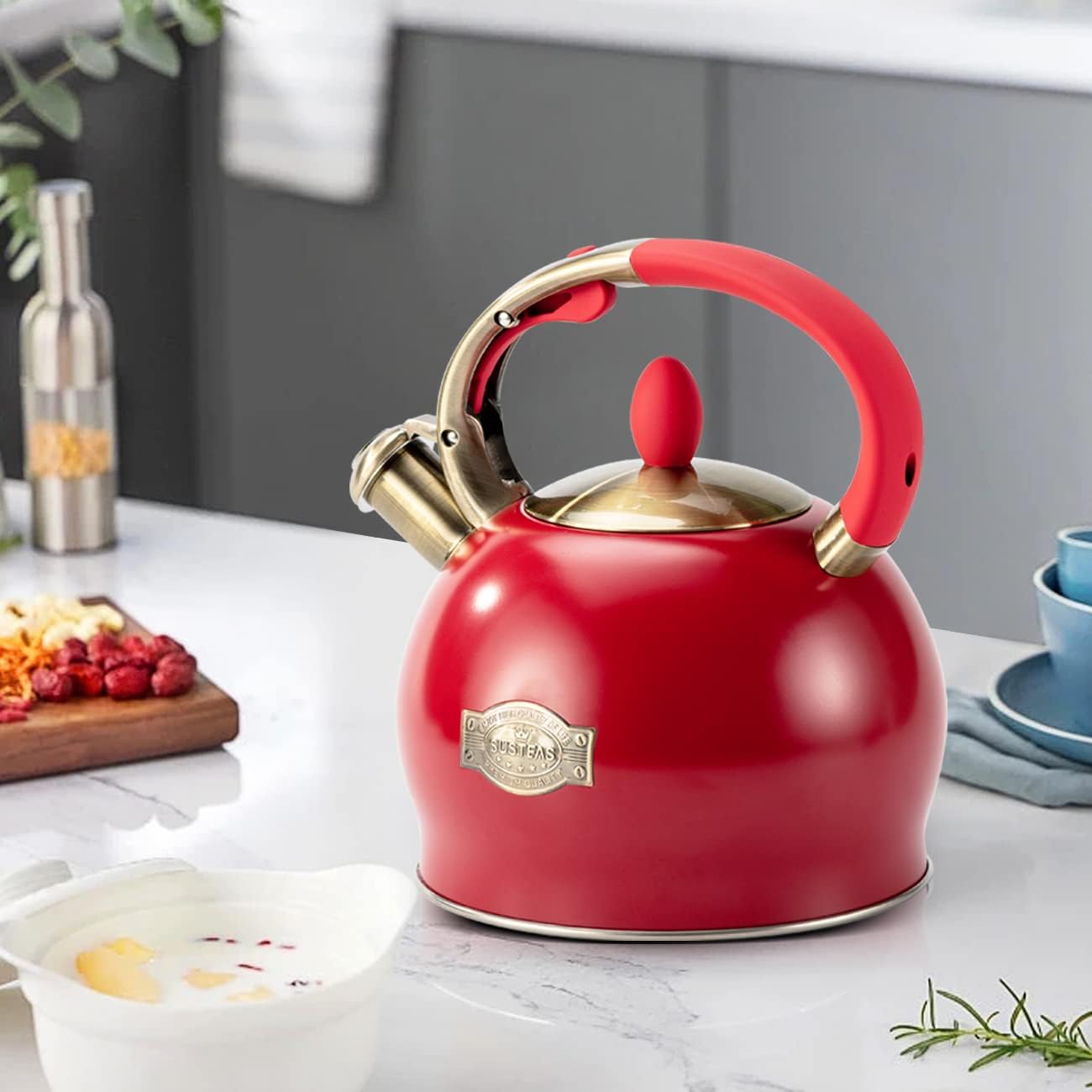 SUSTEAS Stove Top Whistling Tea Kettle - Food Grade Stainless Steel Teakettle Teapot with Cool Touch Ergonomic Handle, With 1 Silicone Pinch Mitt Included, 2.64 Quart(RED)
