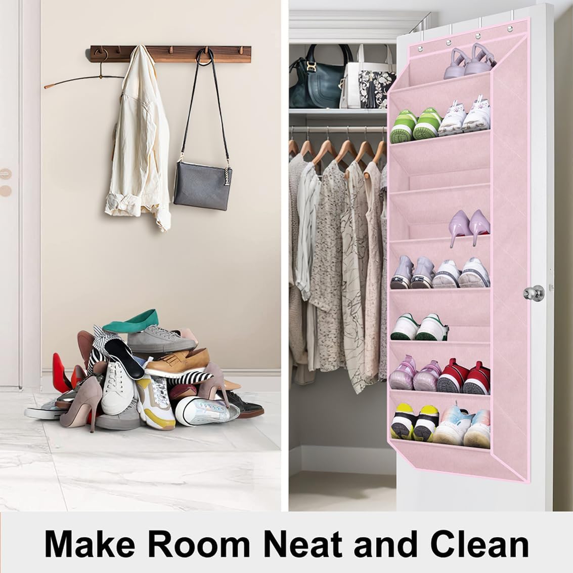 SLEEPING LAMB Over The Door Shoe Organizer for Closet, Kids Sneaker Storage for Hanging Shoe Rack for Door with Large Deep Pockets for Toddler, Girl, Baby Room Decor, Pink