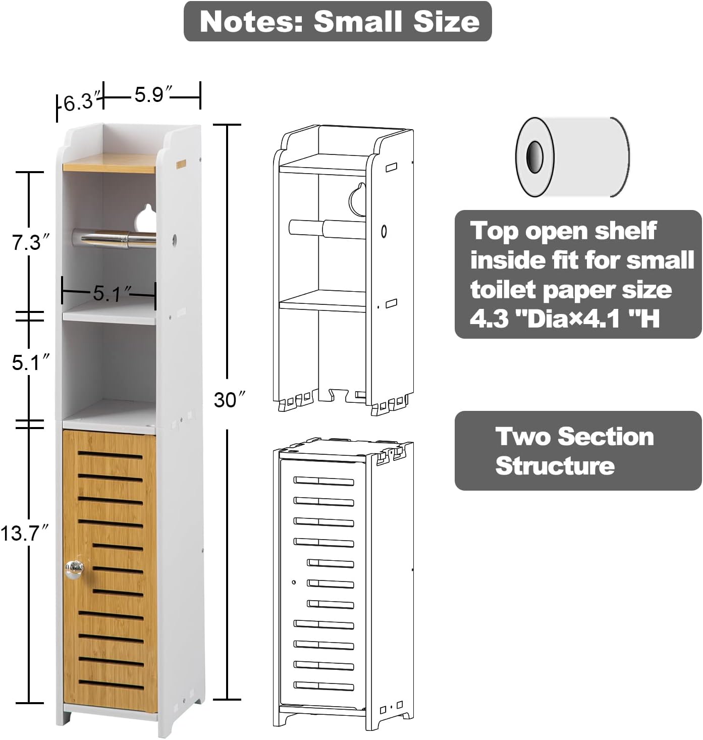 AOJEZOR Toilet Paper Holder Stand: Small Bathroom Storage Cabinet- White&Bamboo