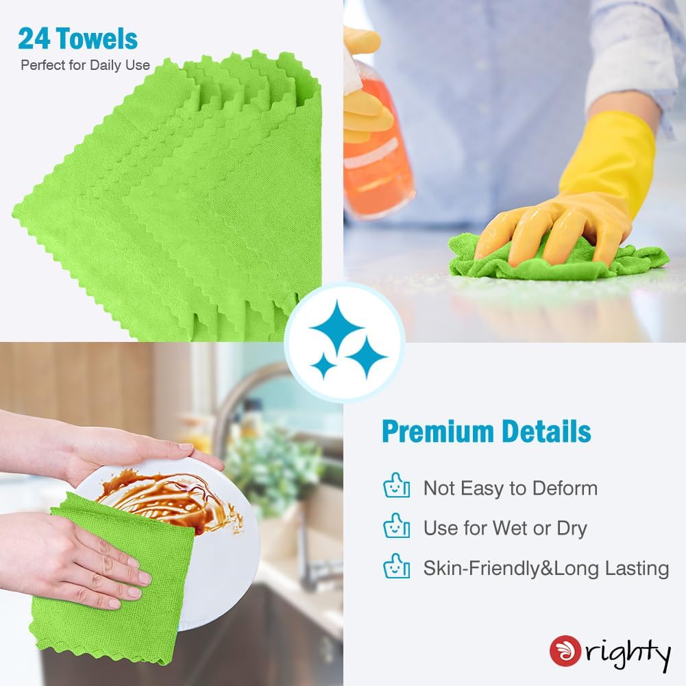 Orighty Microfiber Cleaning Cloth, 24 Pack Highly Absorbent Cleaning Supplies, Reusable Clean Rags for House, Microfiber Cloth for Kitchen, Window, Car Care, 11.5x11.5 inch Green