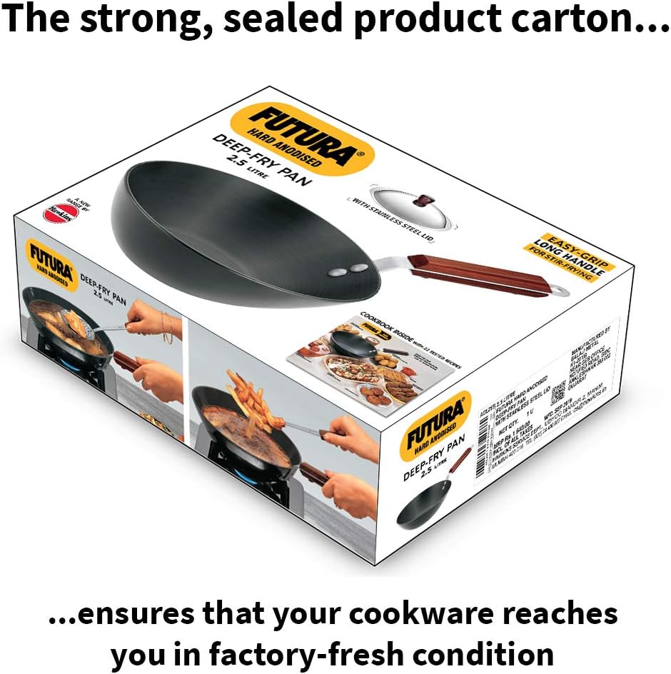 Hawkins Futura 2.5 Litre Deep Fry Pan, Long Handle Hard Anodised Kadai with Stainless Steel Lid, Flat Bottom Kadhai, Black (ADL25S)