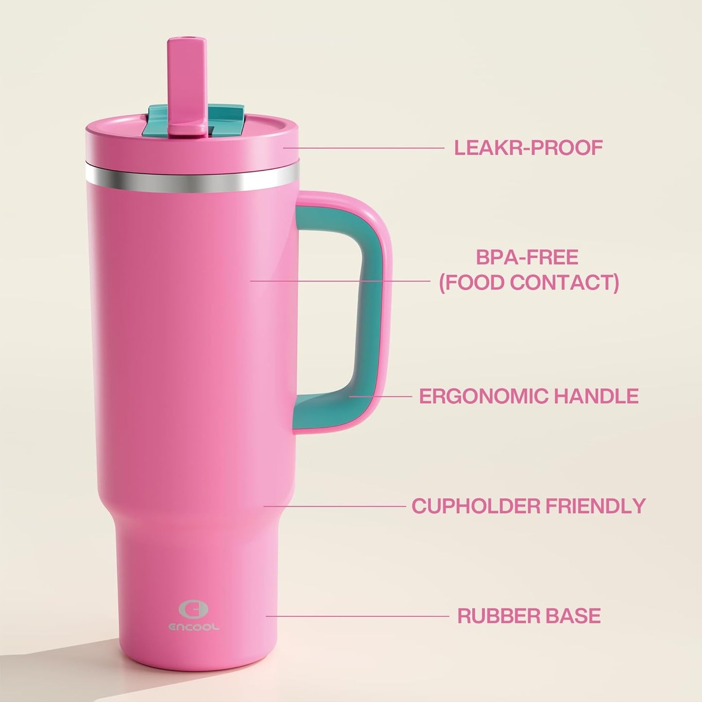 ENCOOL 40 oz Tumbler with Handle and Straw: Stainless Steel Insulated Tumbler Keeps Cold for 24 Hours, Leakproof Travel Cup Fits in Cup Holder and BPA-Free,Light Crimson