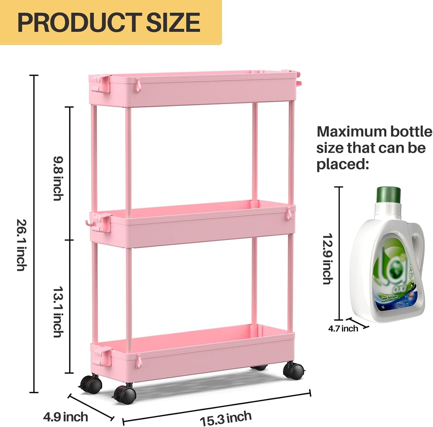 SPACEKEEPER Slim Rolling Storage Cart, 3 Tier Bathroom Organizer Utility Cart Laundry Room Organization Mobile Shelving Unit for Kitchen, Bathroom, Office, Bedroom, Narrow Places, Pink