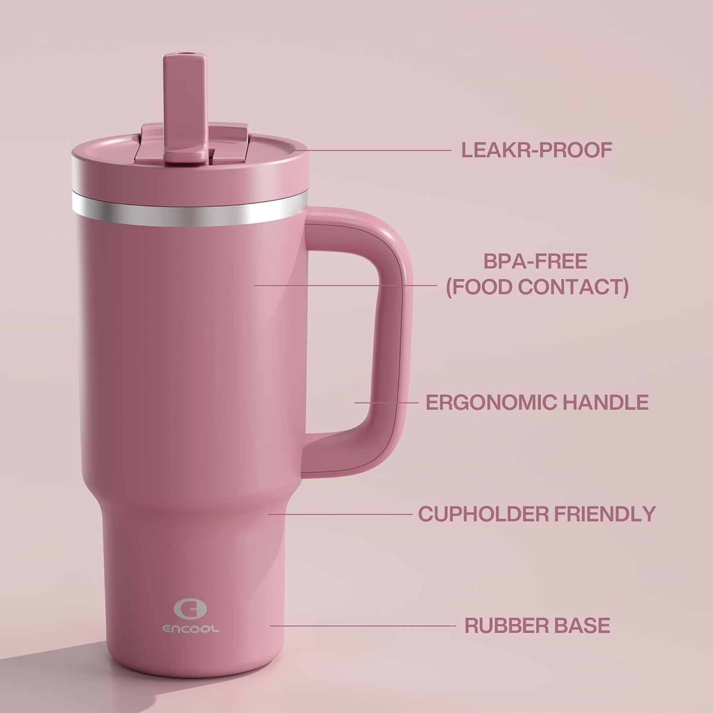 ENCOOL 32 oz Tumbler with Handle and Straw: Stainless Steel Insulated Tumbler Keeps Cold for 24 Hours, Leakproof Travel Cup Fits in Cup Holder and BPA-Free,Turkish Rose