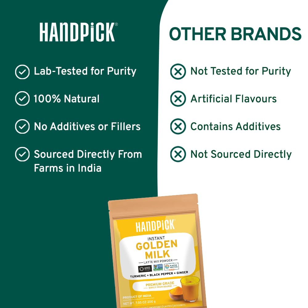 HANDPICK Golden Milk Powder with Turmeric - (7oz, 80 servings) Instant Latte Mix | Blend of Ginger, Black Pepper and Curcumin