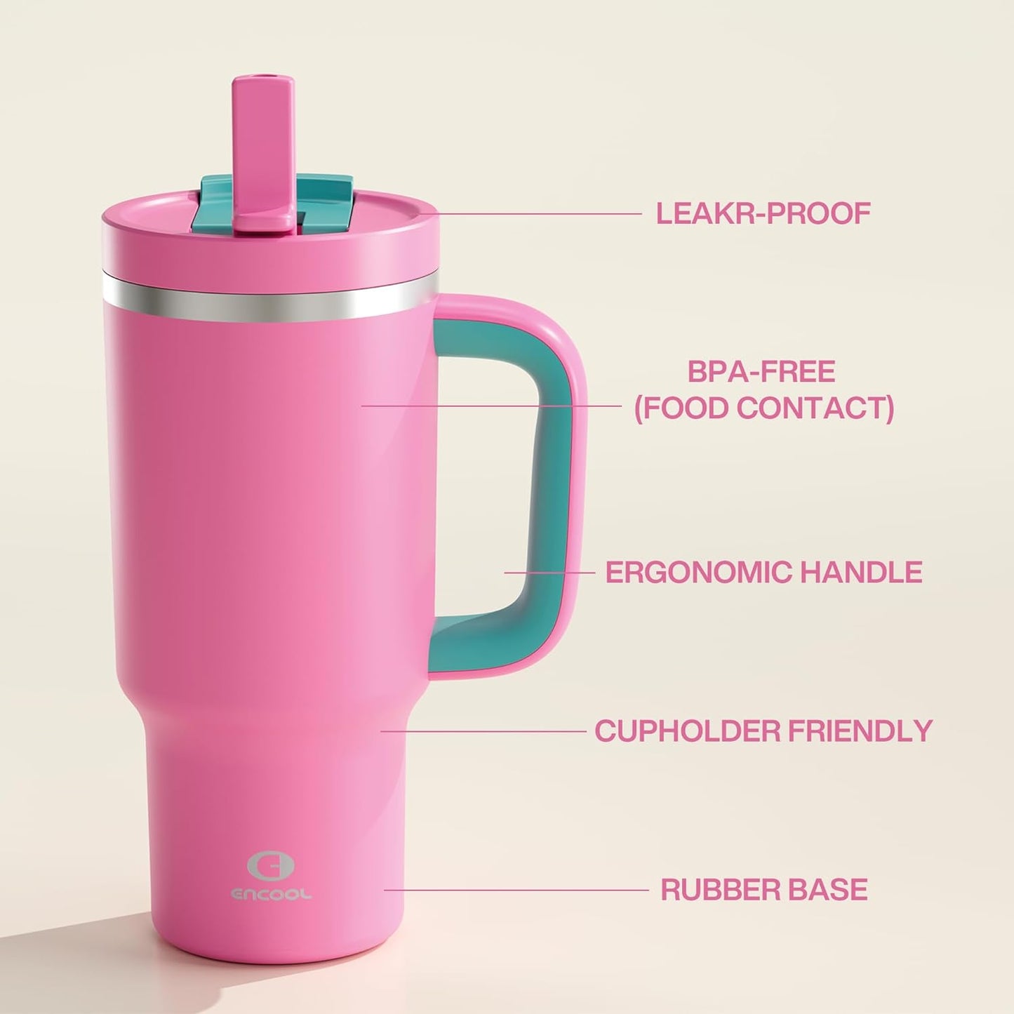 ENCOOL 32 oz Tumbler with Handle and Straw: Stainless Steel Insulated Tumbler Keeps Cold for 24 Hours, Leakproof Travel Cup Fits in Cup Holder and BPA-Free,Light Crimson