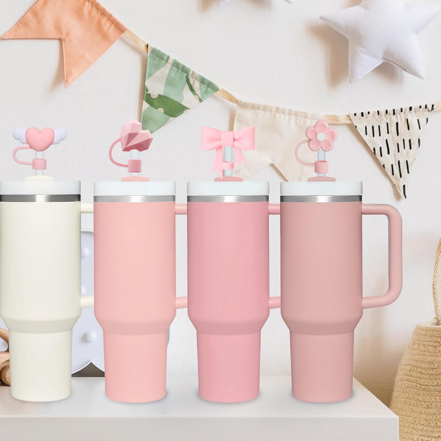 4 Pcs 0.4in Straw Cover for Stanley Cup, Silicone Straw Topper Set for 30&40oz Stanley Tumble, Fit for 10mm/0.4in Straws (Pink)