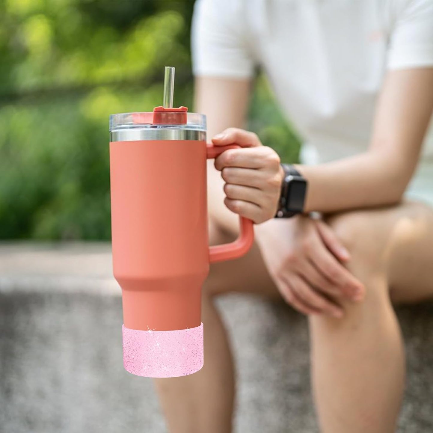 Upgrade 2PCS Protective Silicone Boot Bumper for Stanley Quencher Adventure 40oz 30oz IceFlow 20oz 30oz Tumbler, Water Bottle Bottom Sleeve Cover Accessories for Stanley Mug Cup(Glitter Pink)