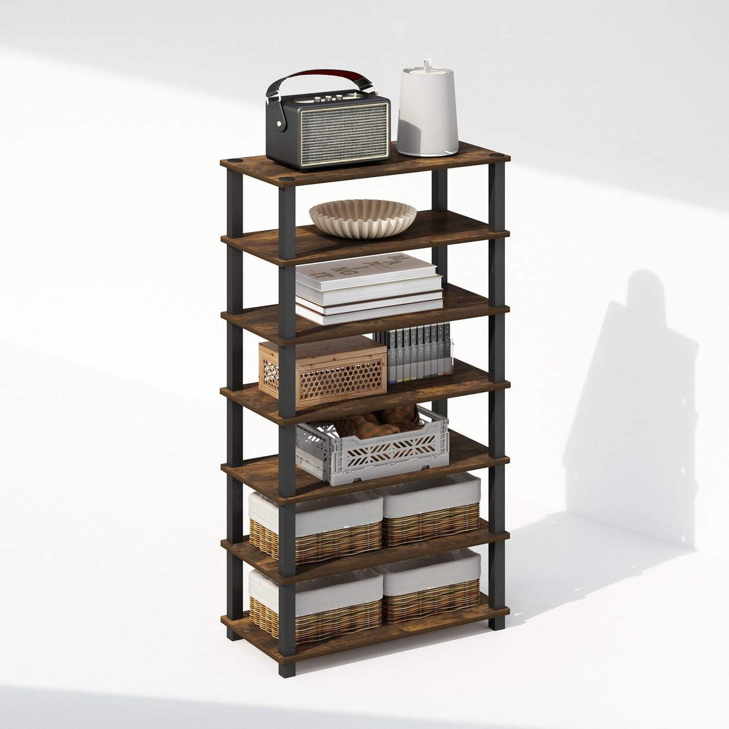 Furinno Turn-N-Tube Storage Shelves Set of 2, 4-Tier Stackable Standing Shelf, Open Corner Shelf, for Organization and Storage, Living Room, Garage, Home Office, Amber Pine