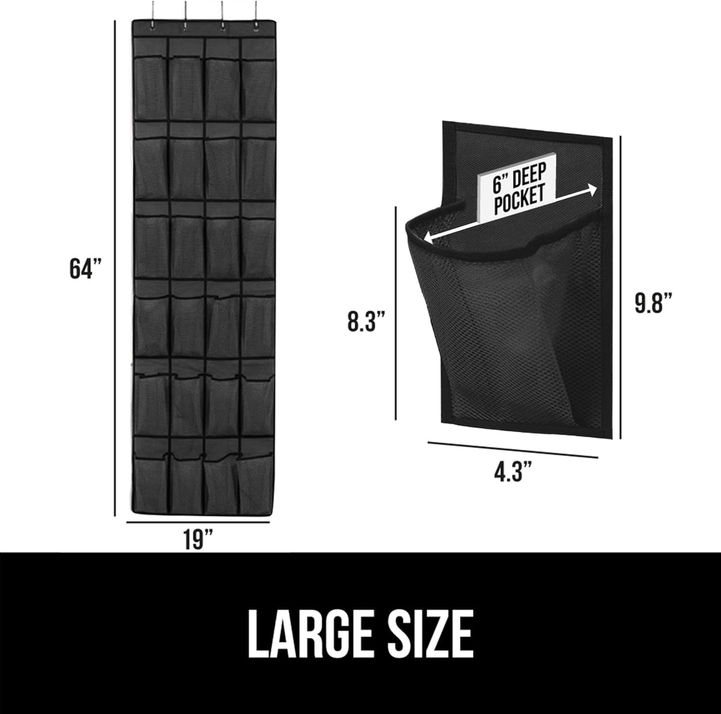 GORILLA GRIP Over the Door Shoe Organizer, 24 Extra Large Breathable Mesh Pockets, Space Saving Hanging Storage Holder, 4 Hook Closet Rack Hanger, Hangs on Closets for Shoes and Accessories, Black