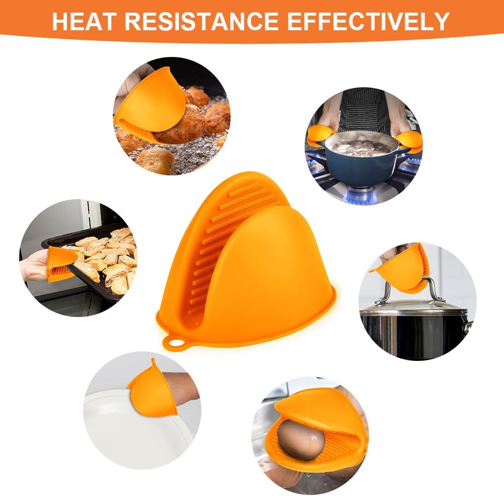 AUAUY 1 Pair Mini Silicone Oven Mitts, Heat Resistant Pot Holders Mitts, Cute Oven Pinch Grip Gloves, Small Potholders for Kitchen, Air Fryer Mitts Pair for Cooking, Baking and Grilling (Orange)