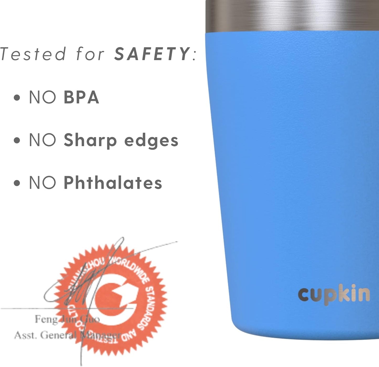 CUPKIN Kids Cup, The Original 8 oz Stackable Stainless Steel Kid Cups, Set of 2 Powder Coated Insulated Sippy Cup for 1+ Year Old Toddlers & BPA Free Lids & Reusable Silicone Straws (Blue + Gray)