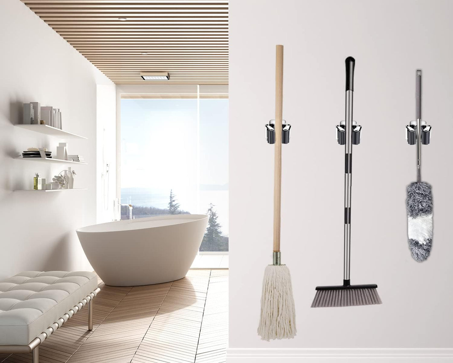 Verdenu 6 Pack Broom Holder Wall Mount, Mop and Broom Holder Wall Mount, Stainless Steel Command Broom Holder with Screws, Garden Tool Storage Organizer for Kitchen, Home, Bathroom, Garage, Grey