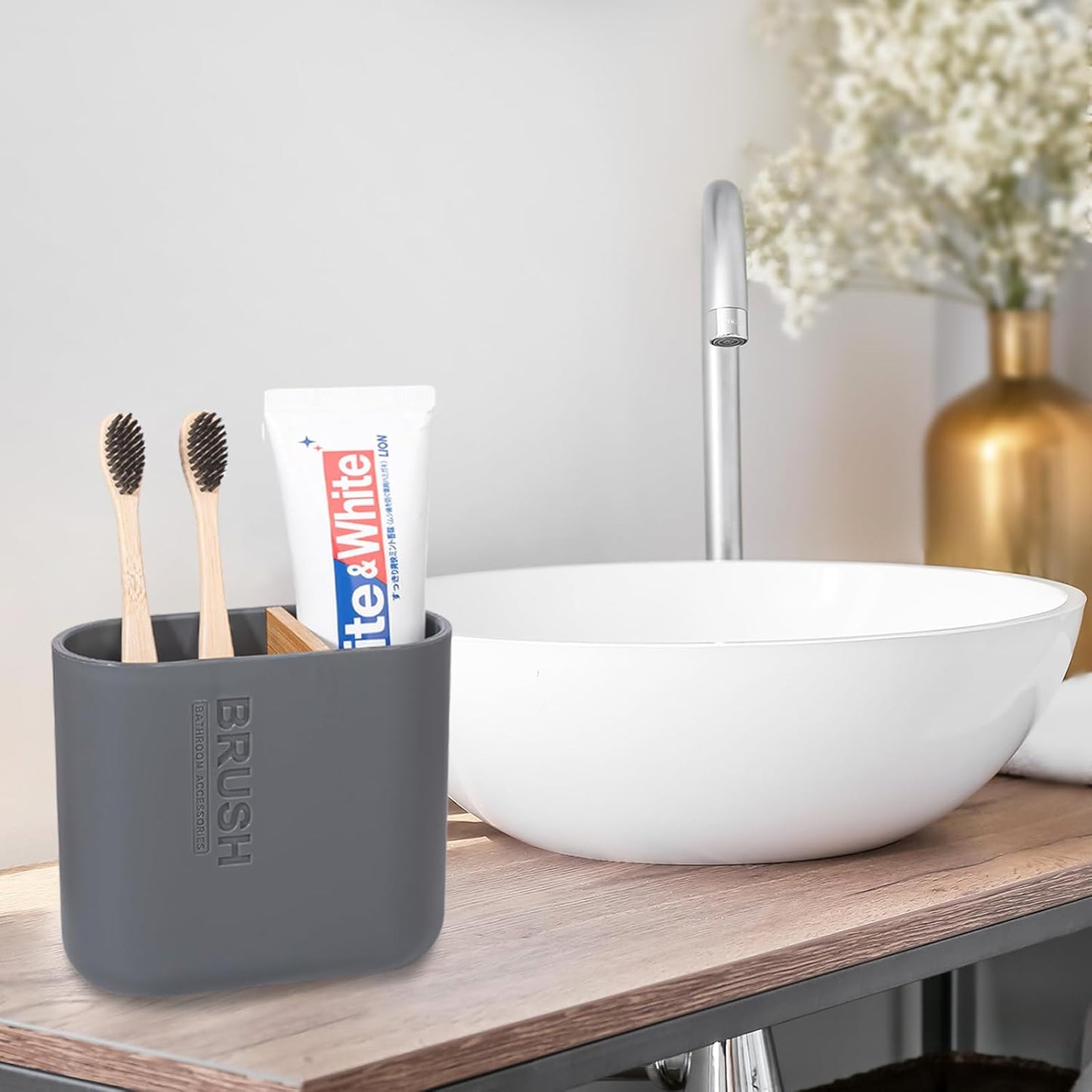 Toothbrush Holders Bamboo Electric Toothbrush Holder Bathroom Storage Organizer Countertop for Toothpaste, Floss, Razor, Grey