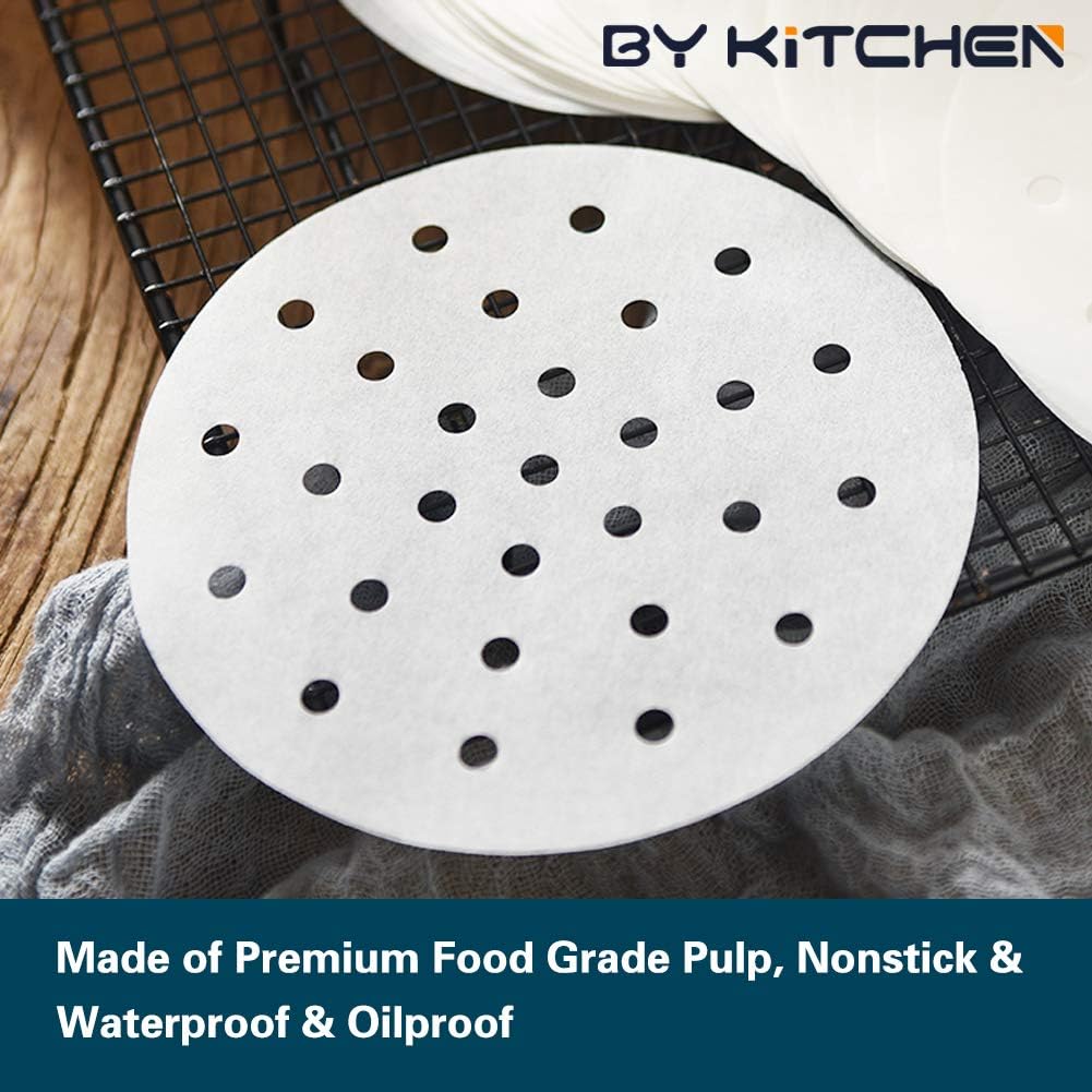 10 Inch Air Fryer Liners, Set of 200, Bamboo Steamer Liners/Dumpling Steamer Paper/Perforated Air Fryer Parchment Paper Sheet for Airfryer, Steaming Basket and More