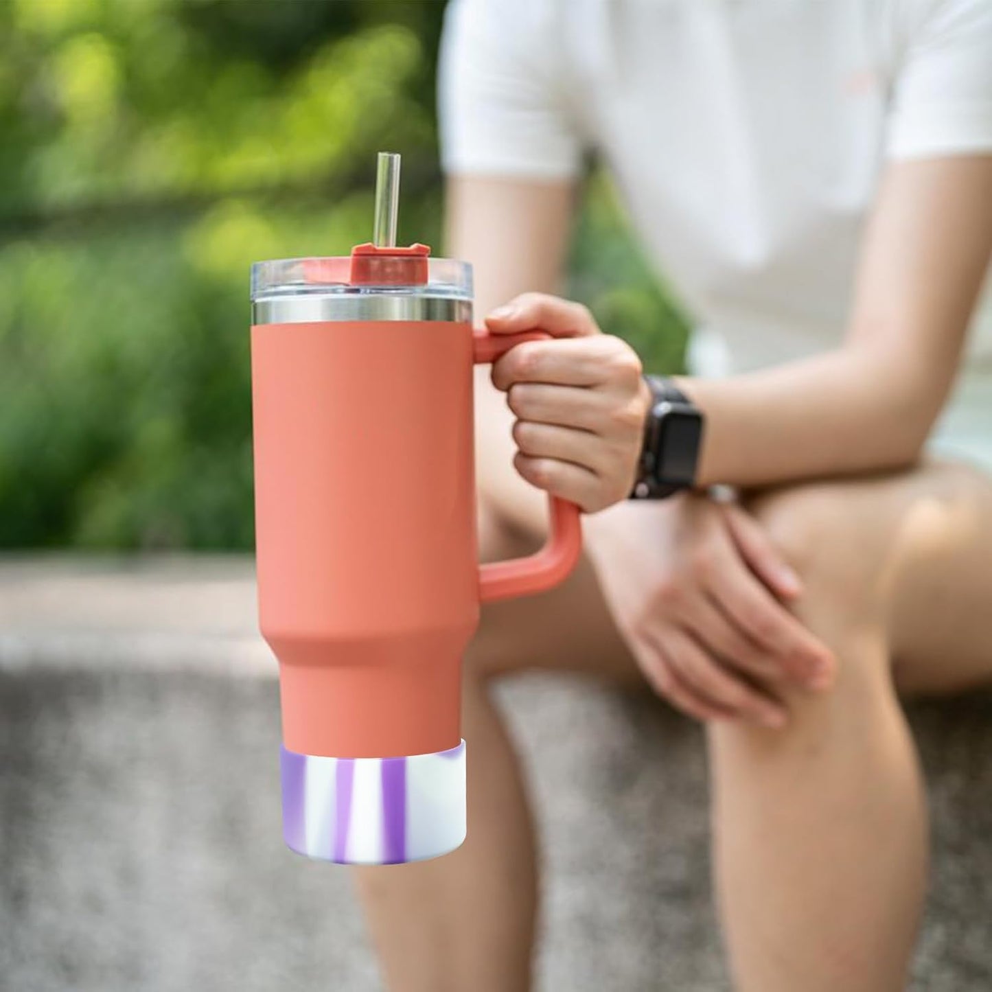 Upgrade 2PCS Protective Silicone Boot Bumper for Stanley Quencher Adventure 40oz 30oz IceFlow 20oz 30oz Tumbler, Water Bottle Bottom Sleeve Cover Accessories for Stanley Mug Cup(Purple+White)