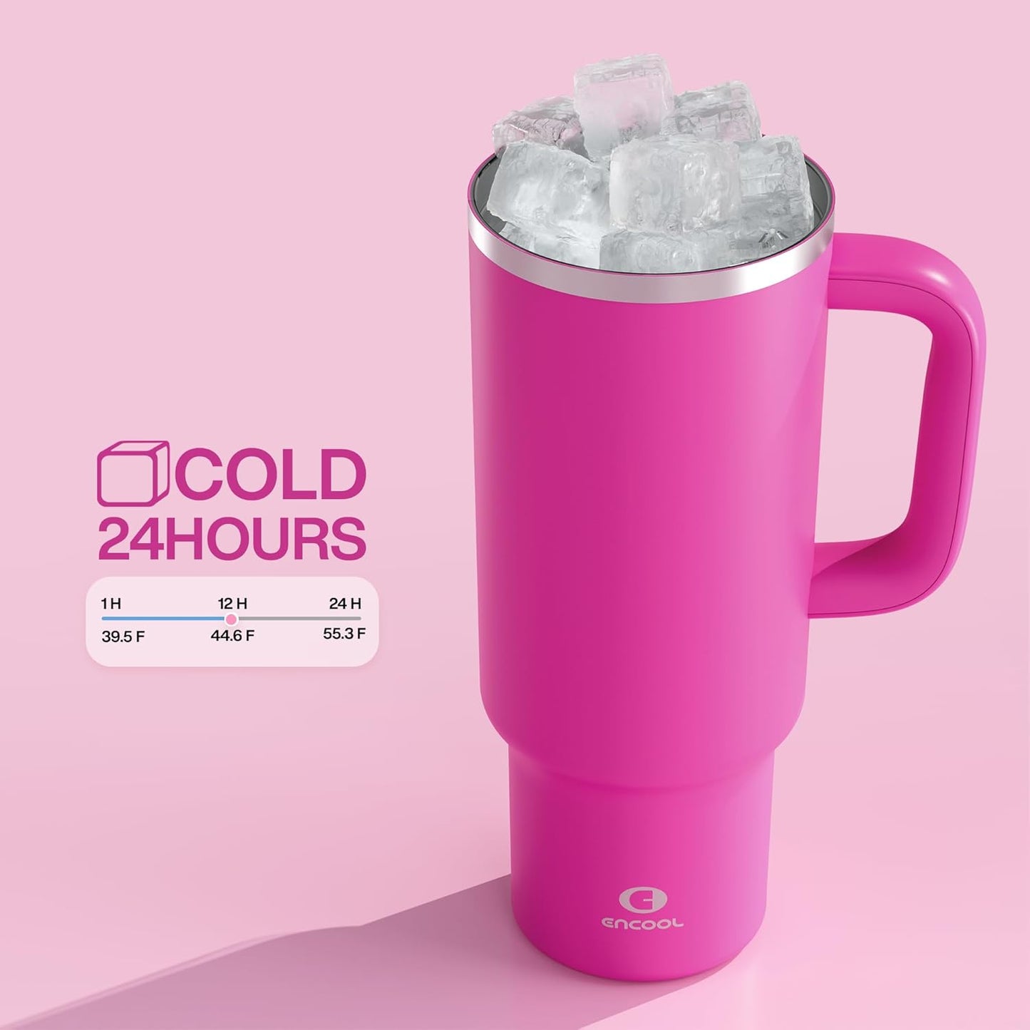 ENCOOL 40 oz Tumbler with Handle and Straw: Stainless Steel Insulated Tumbler Keeps Cold for 24 Hours, Leakproof Travel Cup Fits in Cup Holder and BPA-Free,Persian Rose