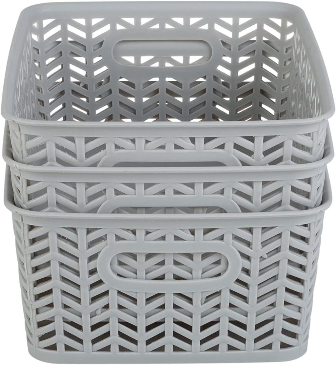 Simplify 3 Pack Small Herringbone Storage Basket | Dimensions: 10"x8"x4" | 2 Open Handles | Lightweight | Grey | Herringbone Design | Home Organization