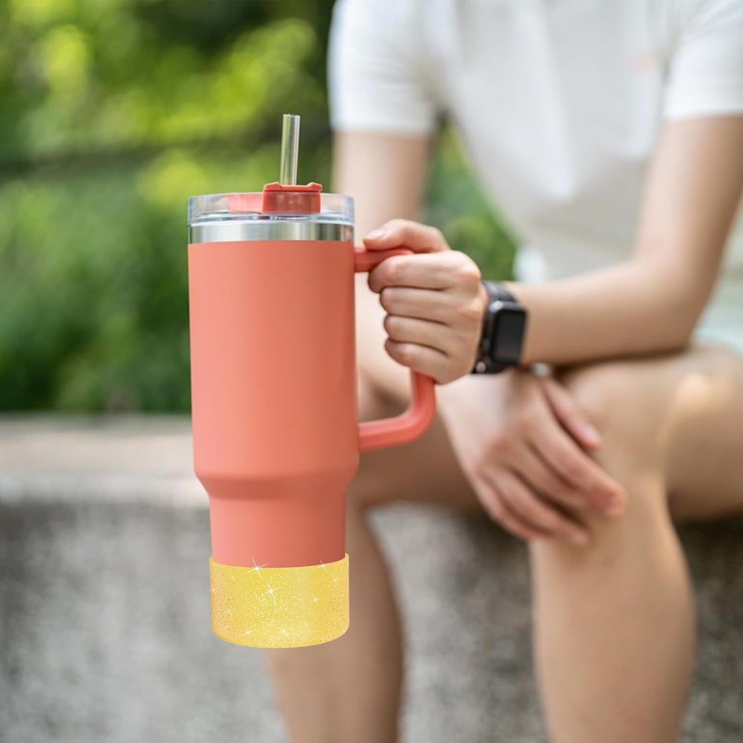 Upgrade 2PCS Protective Silicone Boot Bumper for Stanley Quencher Adventure 40oz 30oz IceFlow 20oz 30oz Tumbler, Water Bottle Bottom Sleeve Cover Accessories for Stanley Mug Cup(Glitter Orange)