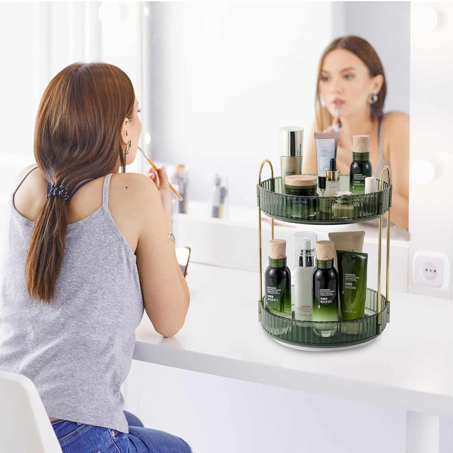 Rotating Makeup Organizer for Vanity, Perfume Skincare Lipstick Organizers for Bathroom Countertop, Clear Make up Storage for Dresser, Bathroom Cosmetics Organizer Storage 360 Spinning(2 Tier, Green)