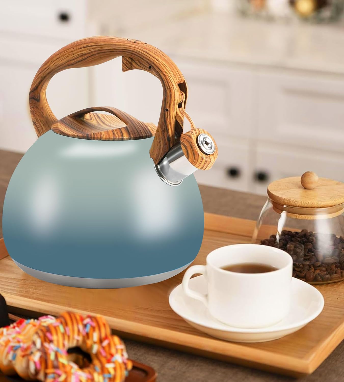 Tea Pot, 3.2Qt Tea Kettle Stovetop, Food Grade Stainless Steel Tea Kettle,Suitable for Various Heat Sources,One-Button Switch (Grayish Blue Gradient)